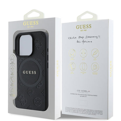 Husa MagSafe pentru Apple iPhone 16 Pro, Guess, Saffiano Peony Classic Logo, Neagra