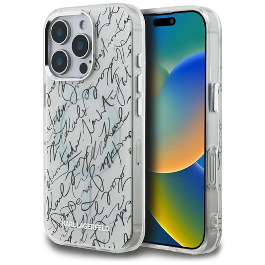 Husa MagSafe pentru Apple iPhone 16 Pro, Karl Lagerfeld, IML Karl Script Pattern, Alba