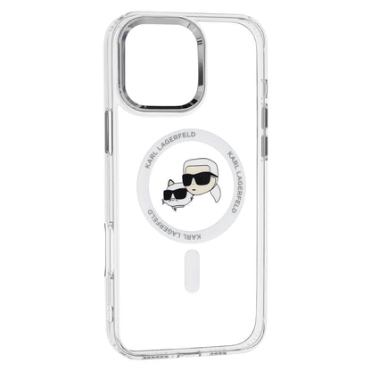 Husa MagSafe pentru Apple iPhone 16 Pro, Karl Lagerfeld, IML Metal Karl & Choupette's Heads, Alba
