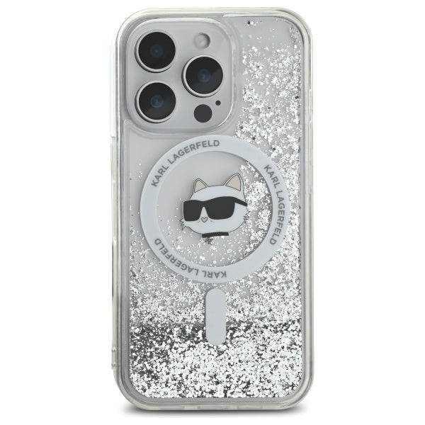 Husa MagSafe pentru Apple iPhone 16 Pro, Karl Lagerfeld, Liquid Glitter Choupette's Head, Transparenta