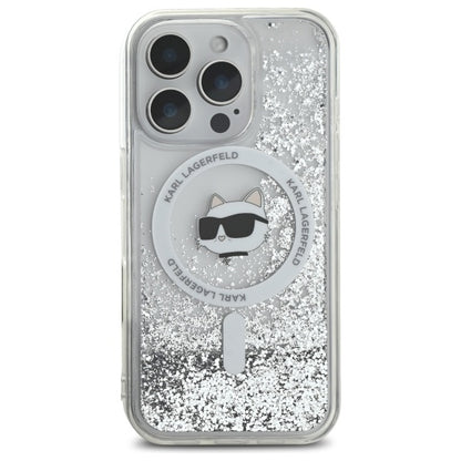 Husa MagSafe pentru Apple iPhone 16 Pro, Karl Lagerfeld, Liquid Glitter Choupette's Head, Transparenta
