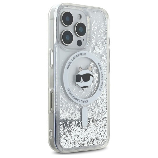 Husa MagSafe pentru Apple iPhone 16 Pro, Karl Lagerfeld, Liquid Glitter Choupette's Head, Transparenta