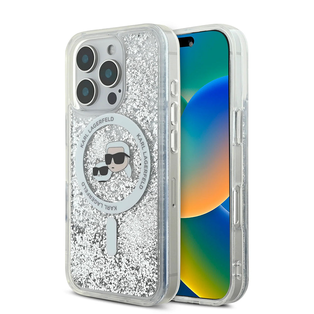 Husa MagSafe pentru Apple iPhone 16 Pro, Karl Lagerfeld, Liquid Glitter Karl & Choupette's Heads, Transparenta