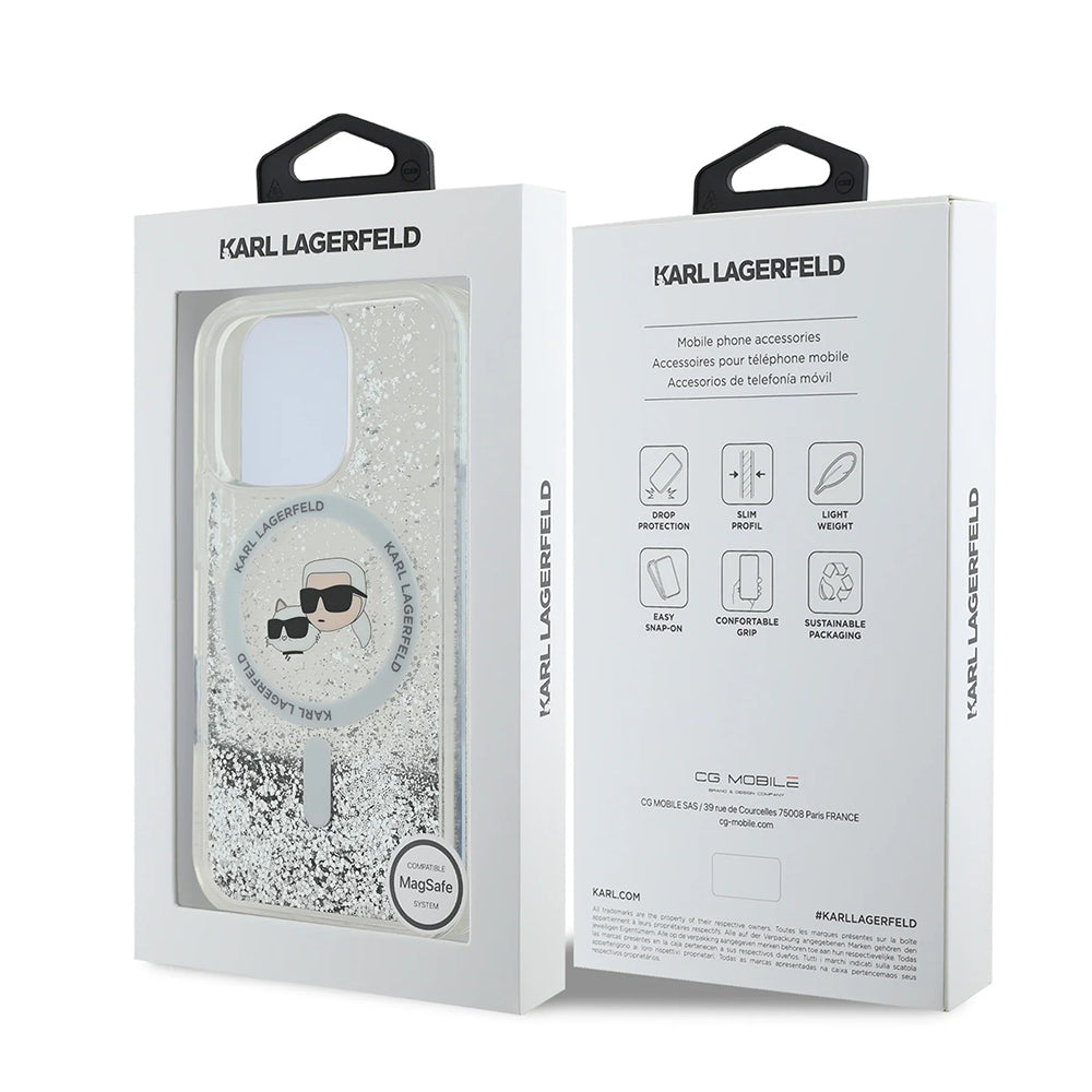 Husa MagSafe pentru Apple iPhone 16 Pro, Karl Lagerfeld, Liquid Glitter Karl & Choupette's Heads, Transparenta