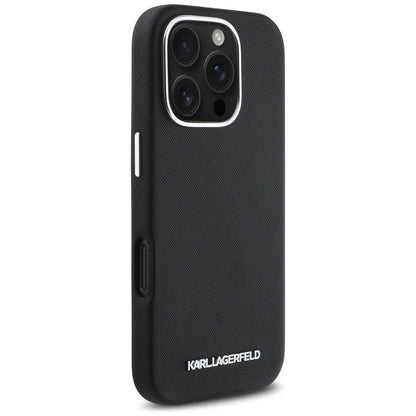 Husa MagSafe pentru Apple iPhone 16 Pro, Karl Lagerfeld, Saffiano Full Wrapped Elongated Metal Logo, Neagra