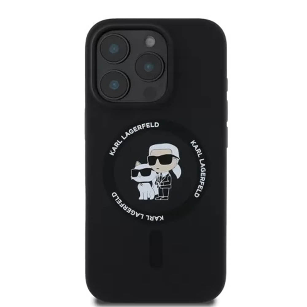 Husa MagSafe pentru Apple iPhone 16 Pro, Karl Lagerfeld, Silicone Karl & Choupette's Heads, Neagra