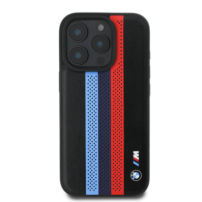 Husa MagSafe pentru Apple iPhone 16 Pro Max, BMW, Perforated M Perf. Tricolor Stripers, Neagra