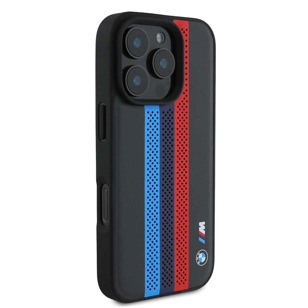 Husa MagSafe pentru Apple iPhone 16 Pro Max, BMW, Perforated M Perf. Tricolor Stripers, Neagra