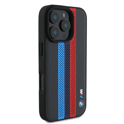 Husa MagSafe pentru Apple iPhone 16 Pro Max, BMW, Perforated M Perf. Tricolor Stripers, Neagra