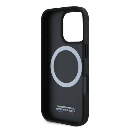 Husa MagSafe pentru Apple iPhone 16 Pro Max, BMW, Perforated M Perf. Tricolor Stripers, Neagra