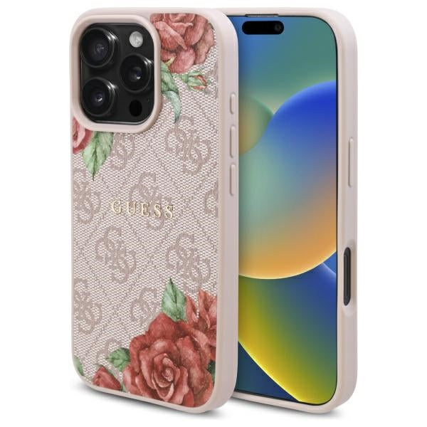 Husa MagSafe pentru Apple iPhone 16 Pro Max, Guess, 4G Flowers Print, Roz