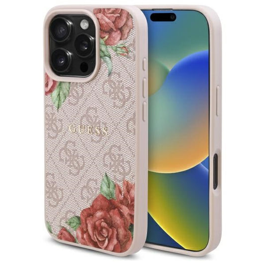 Husa MagSafe pentru Apple iPhone 16 Pro Max, Guess, 4G Flowers Print, Roz