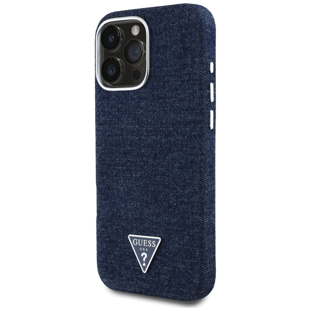 Husa MagSafe pentru Apple iPhone 16 Pro Max, Guess, Denim Triangle Logo, Albastra