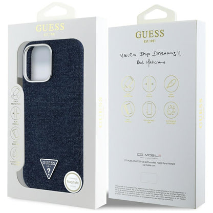 Husa MagSafe pentru Apple iPhone 16 Pro Max, Guess, Denim Triangle Logo, Albastra