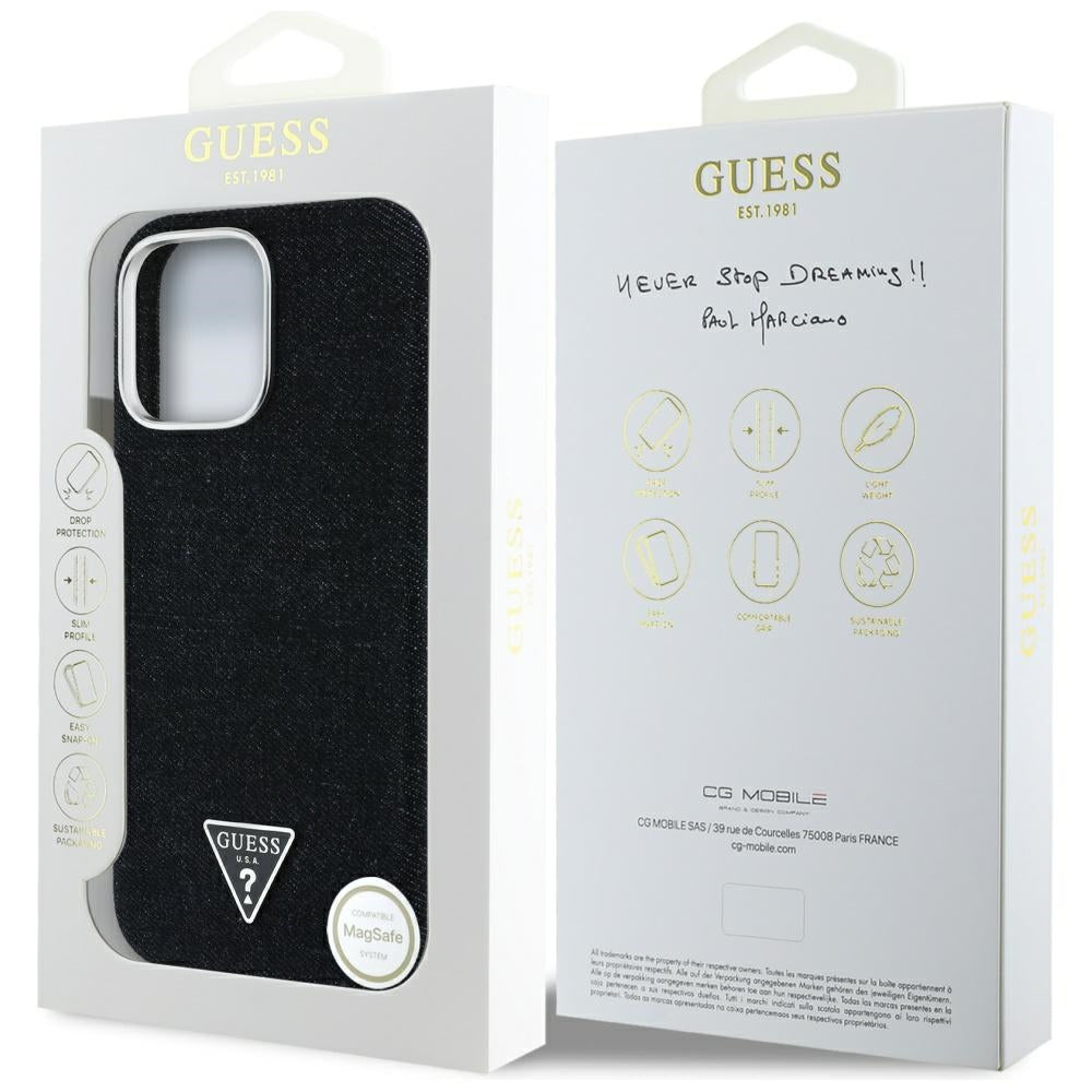 Husa MagSafe pentru Apple iPhone 16 Pro Max, Guess, Denim Triangle Logo, Neagra