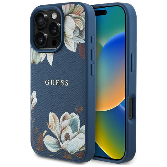 Husa MagSafe pentru Apple iPhone 16 Pro Max, Guess, Grained Flowers, Albastra