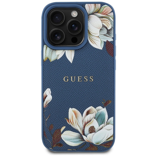 Husa MagSafe pentru Apple iPhone 16 Pro Max, Guess, Grained Flowers, Albastra