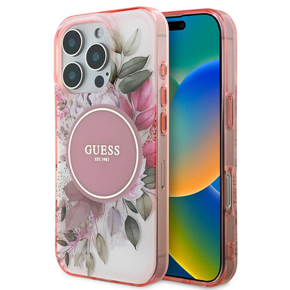 Husa MagSafe pentru Apple iPhone 16 Pro Max, Guess, IML Flower & Tonal Circle, Roz