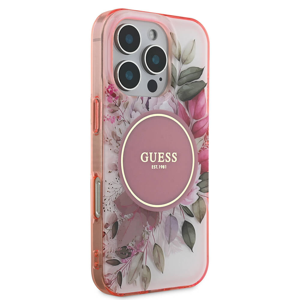 Husa MagSafe pentru Apple iPhone 16 Pro Max, Guess, IML Flower & Tonal Circle, Roz