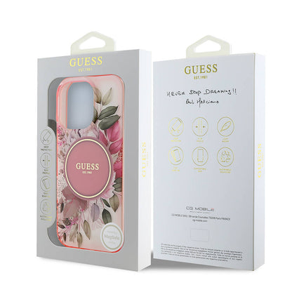 Husa MagSafe pentru Apple iPhone 16 Pro Max, Guess, IML Flower & Tonal Circle, Roz