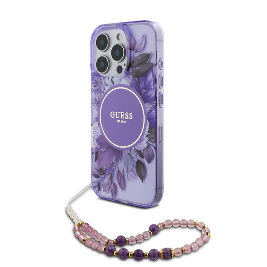 Husa MagSafe pentru Apple iPhone 16 Pro Max, Guess, IML Flowers with Pearl Strap, Mov