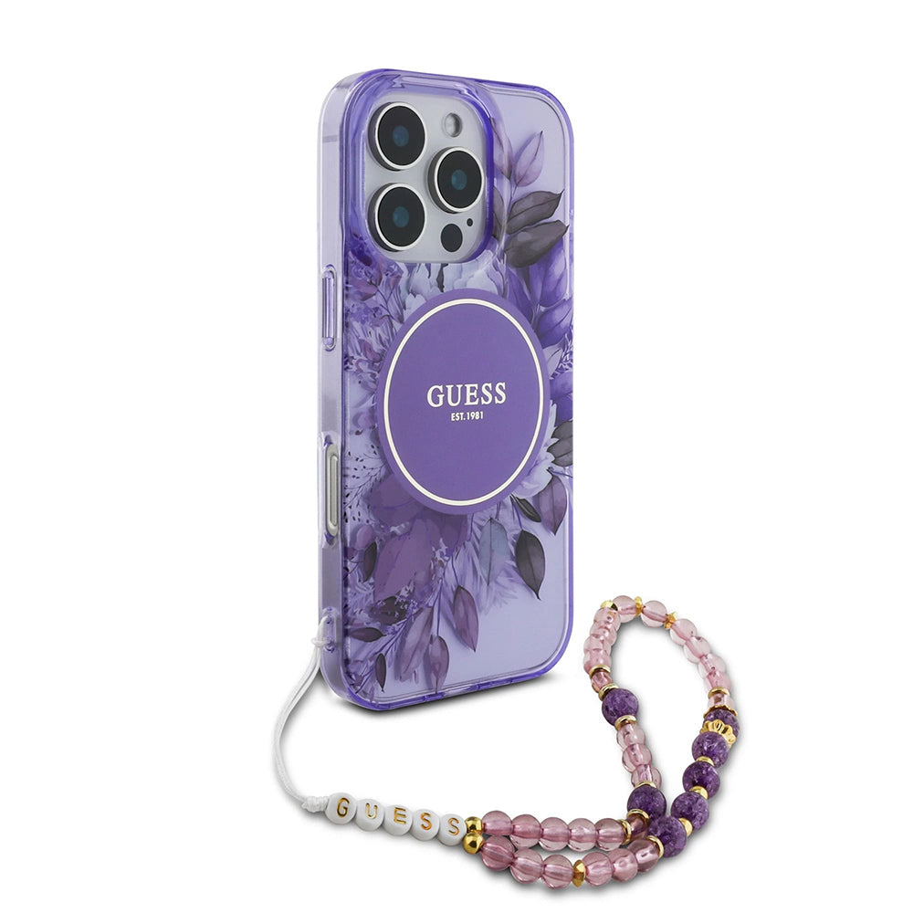 Husa MagSafe pentru Apple iPhone 16 Pro Max, Guess, IML Flowers with Pearl Strap, Mov