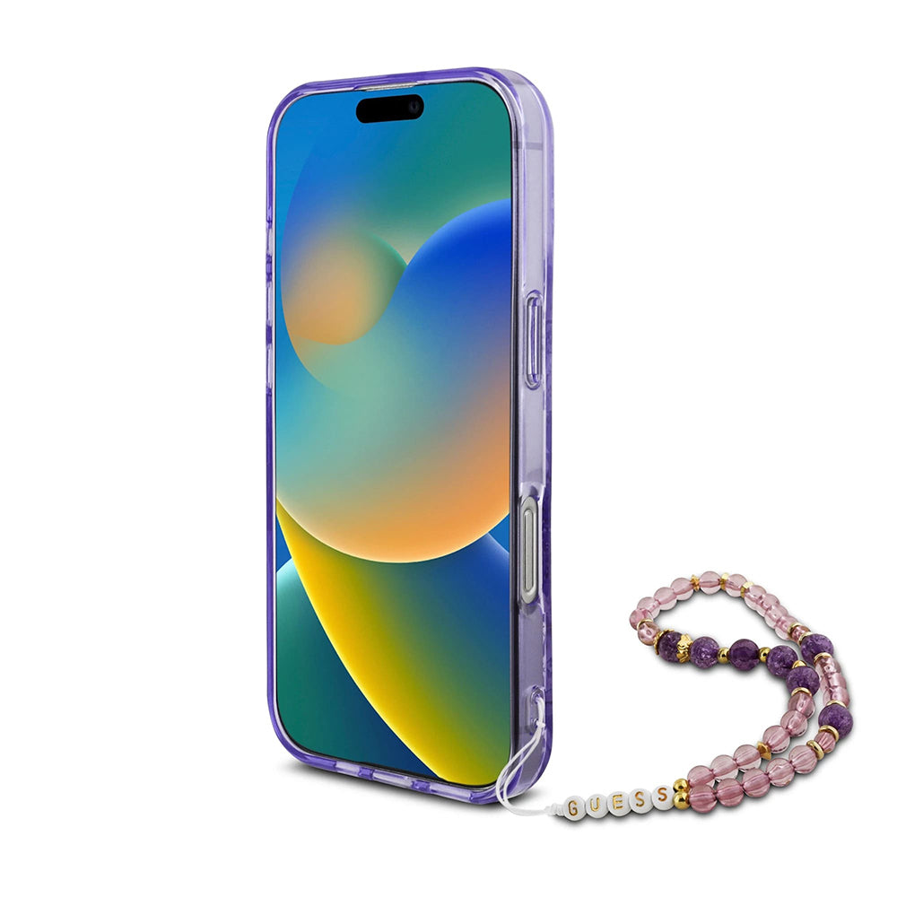 Husa MagSafe pentru Apple iPhone 16 Pro Max, Guess, IML Flowers with Pearl Strap, Mov