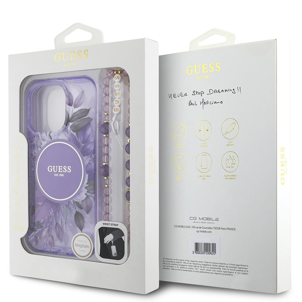 Husa MagSafe pentru Apple iPhone 16 Pro Max, Guess, IML Flowers with Pearl Strap, Mov