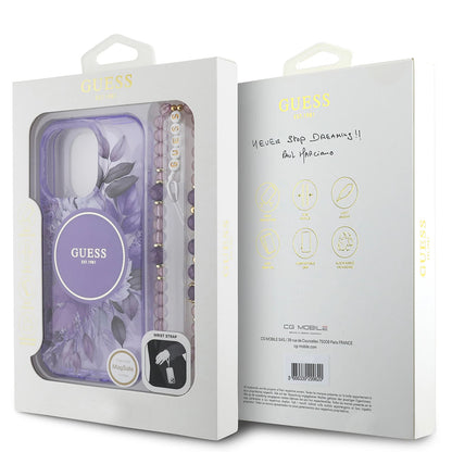 Husa MagSafe pentru Apple iPhone 16 Pro Max, Guess, IML Flowers with Pearl Strap, Mov