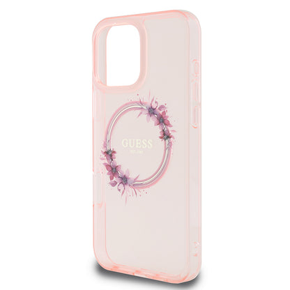 Husa MagSafe pentru Apple iPhone 16 Pro Max, Guess, IML Flowers Wreath, Roz