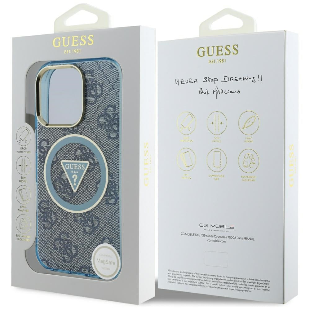 Husa MagSafe pentru Apple iPhone 16 Pro Max, Guess, IML Glitter 4G Circle Triangle, Albastra