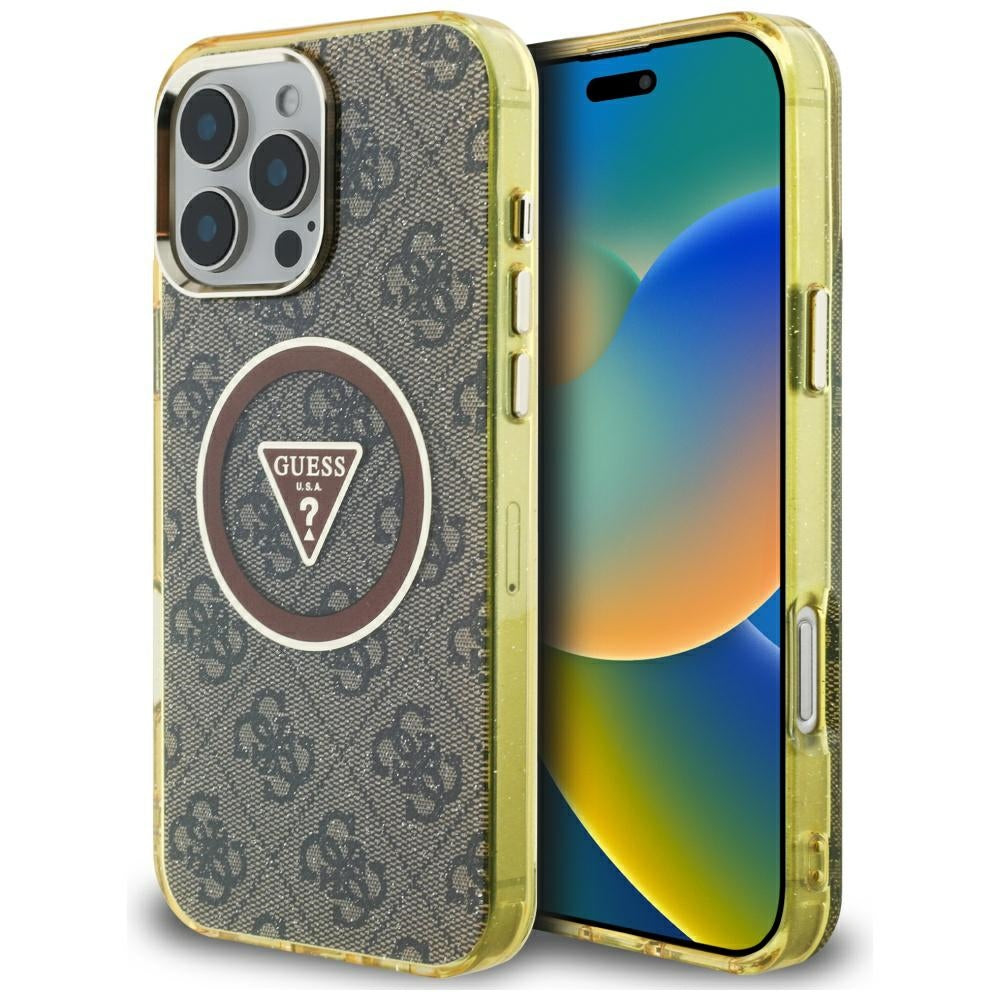 Husa MagSafe pentru Apple iPhone 16 Pro Max, Guess, IML Glitter 4G Circle Triangle, Maro