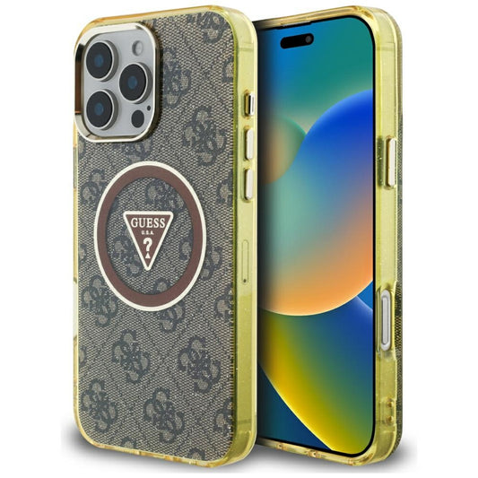 Husa MagSafe pentru Apple iPhone 16 Pro Max, Guess, IML Glitter 4G Circle Triangle, Maro