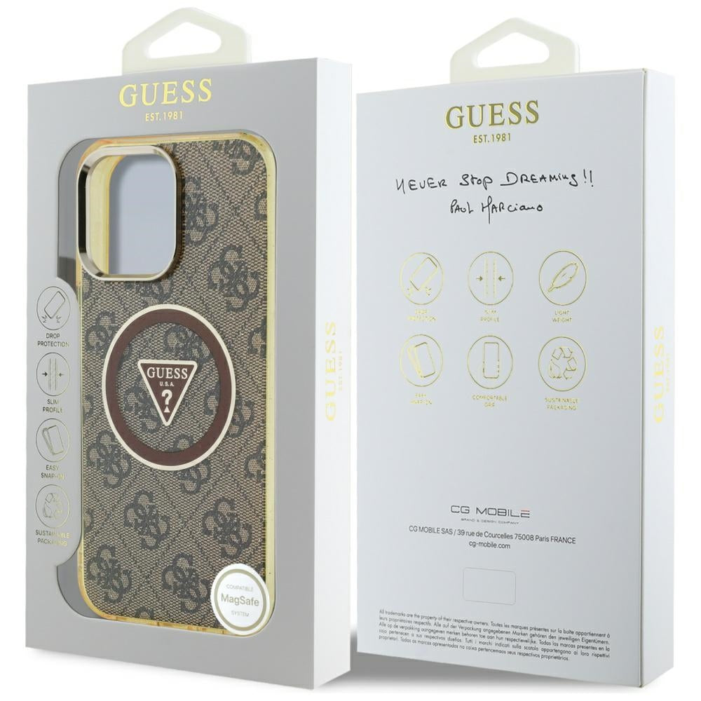 Husa MagSafe pentru Apple iPhone 16 Pro Max, Guess, IML Glitter 4G Circle Triangle, Maro