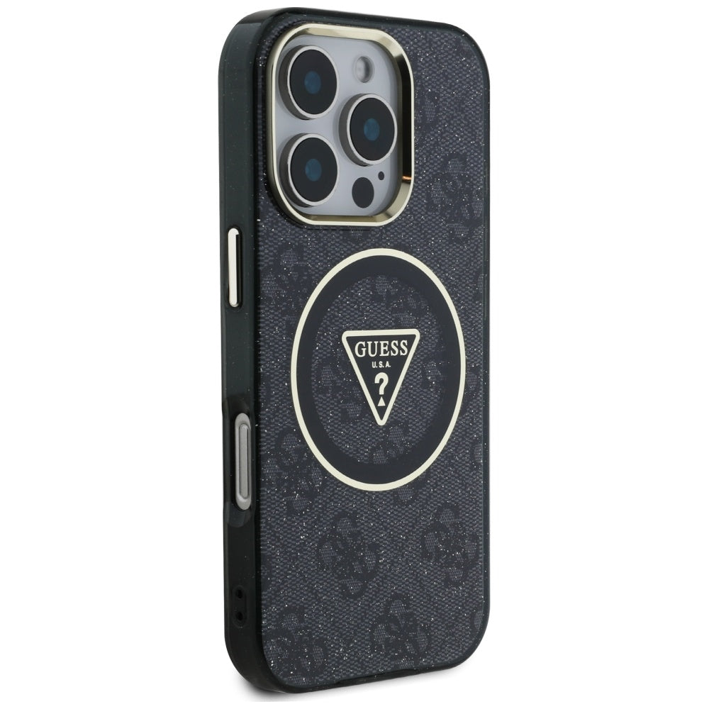 Husa MagSafe pentru Apple iPhone 16 Pro Max, Guess, IML Glitter 4G Circle Triangle, Neagra
