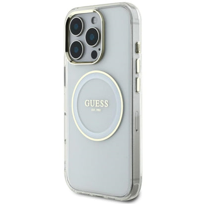Husa MagSafe pentru Apple iPhone 16 Pro Max, Guess, IML Metal Colored Circle, Alba