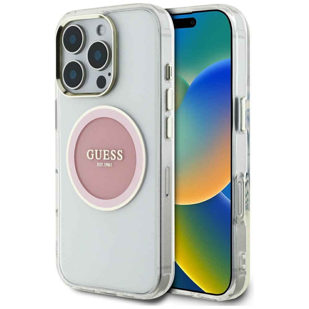 Husa MagSafe pentru Apple iPhone 16 Pro Max, Guess, IML Metal Colored Circle, Roz