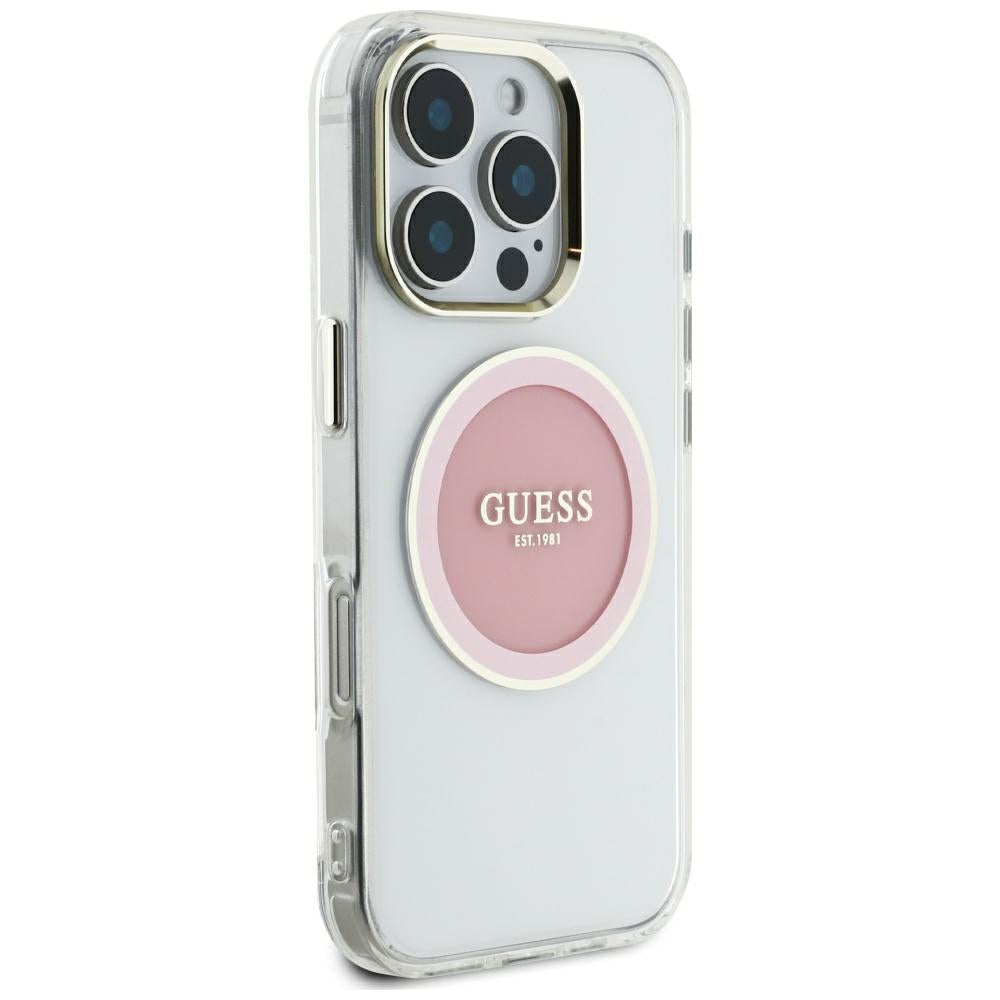 Husa MagSafe pentru Apple iPhone 16 Pro Max, Guess, IML Metal Colored Circle, Roz