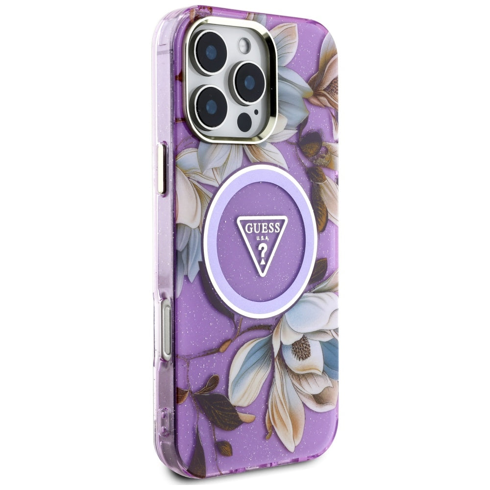 Husa MagSafe pentru Apple iPhone 16 Pro Max, Guess, IML Metal Glitter Flowers Triangle, Mov