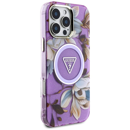 Husa MagSafe pentru Apple iPhone 16 Pro Max, Guess, IML Metal Glitter Flowers Triangle, Mov