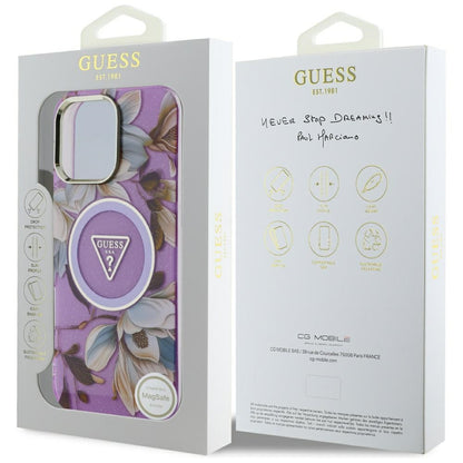 Husa MagSafe pentru Apple iPhone 16 Pro Max, Guess, IML Metal Glitter Flowers Triangle, Mov