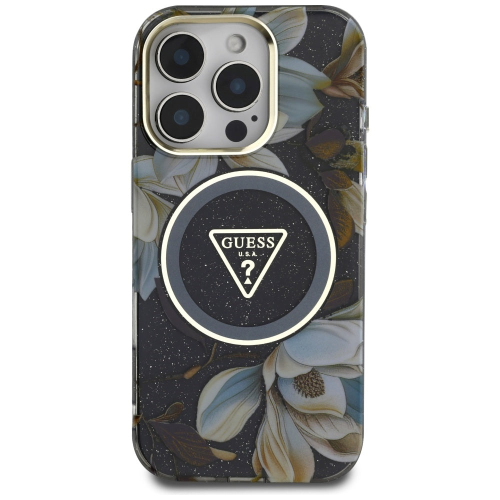 Husa MagSafe pentru Apple iPhone 16 Pro Max, Guess, IML Metal Glitter Flowers Triangle, Neagra
