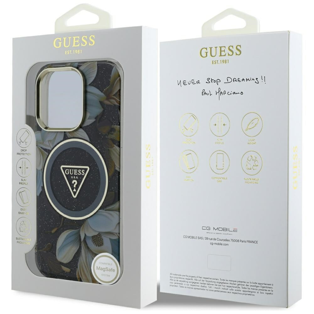 Husa MagSafe pentru Apple iPhone 16 Pro Max, Guess, IML Metal Glitter Flowers Triangle, Neagra