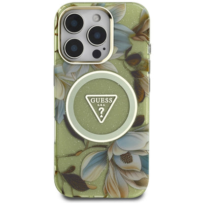 Husa MagSafe pentru Apple iPhone 16 Pro Max, Guess, IML Metal Glitter Flowers Triangle, Verde