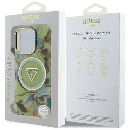 Husa MagSafe pentru Apple iPhone 16 Pro Max, Guess, IML Metal Glitter Flowers Triangle, Verde