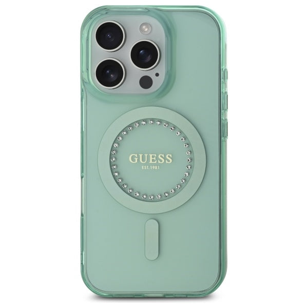 Husa MagSafe pentru Apple iPhone 16 Pro Max, Guess, IML Rhinestone, Verde