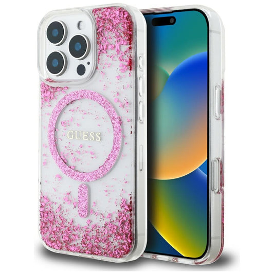 Husa MagSafe pentru Apple iPhone 16 Pro Max, Guess, Resin Bottom Glitter, Roz