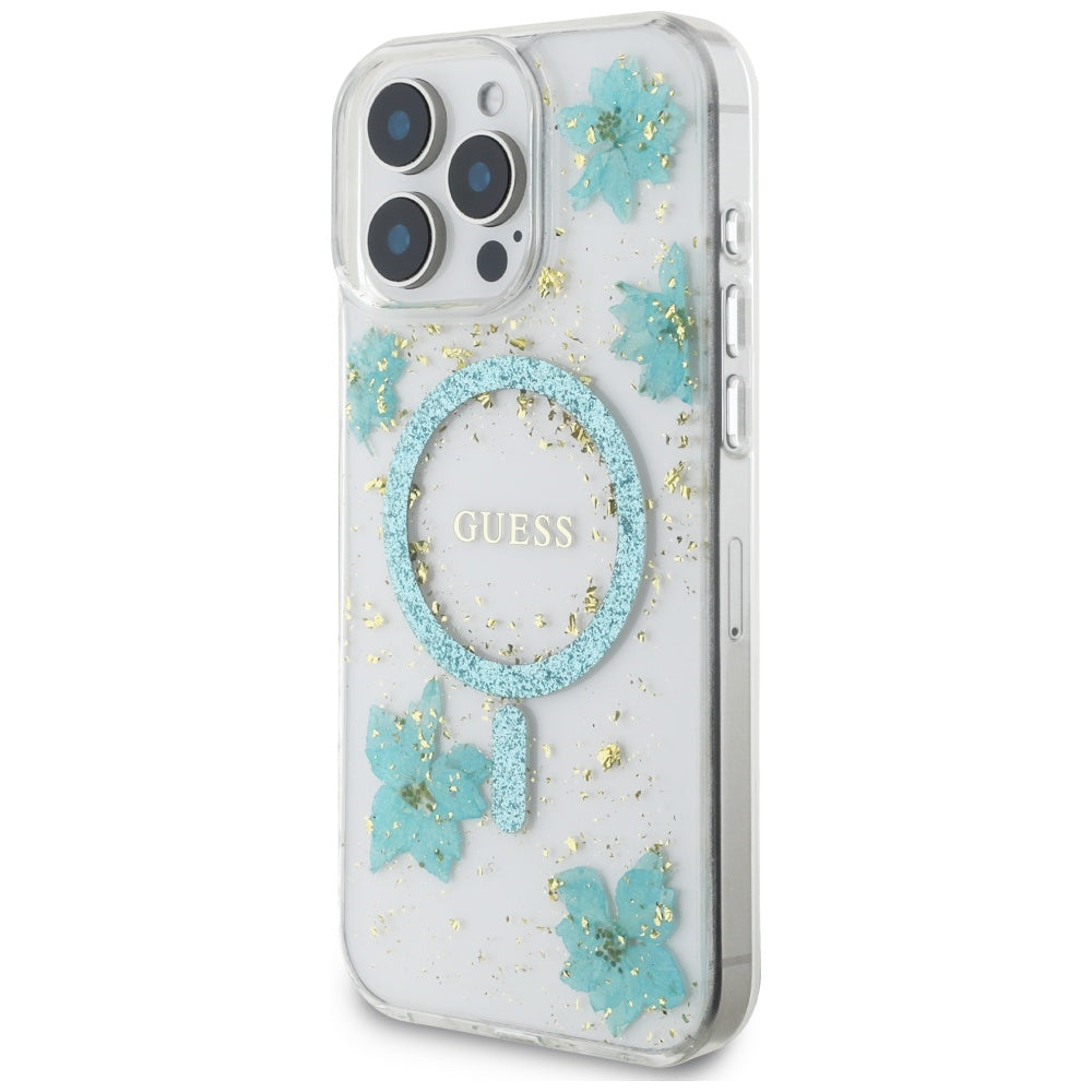 Husa MagSafe pentru Apple iPhone 16 Pro Max, Guess, Resin Flowers and Glitter, Turcoaz