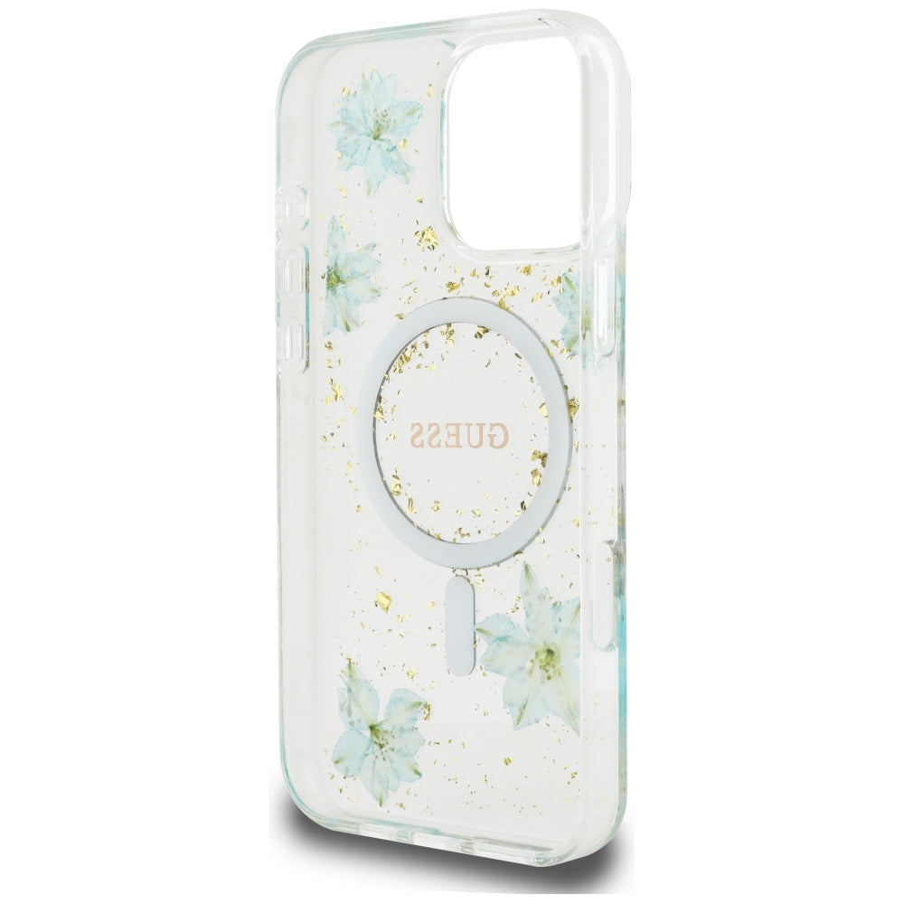 Husa MagSafe pentru Apple iPhone 16 Pro Max, Guess, Resin Flowers and Glitter, Turcoaz