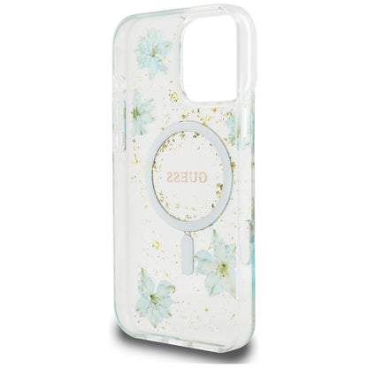 Husa MagSafe pentru Apple iPhone 16 Pro Max, Guess, Resin Flowers and Glitter, Turcoaz